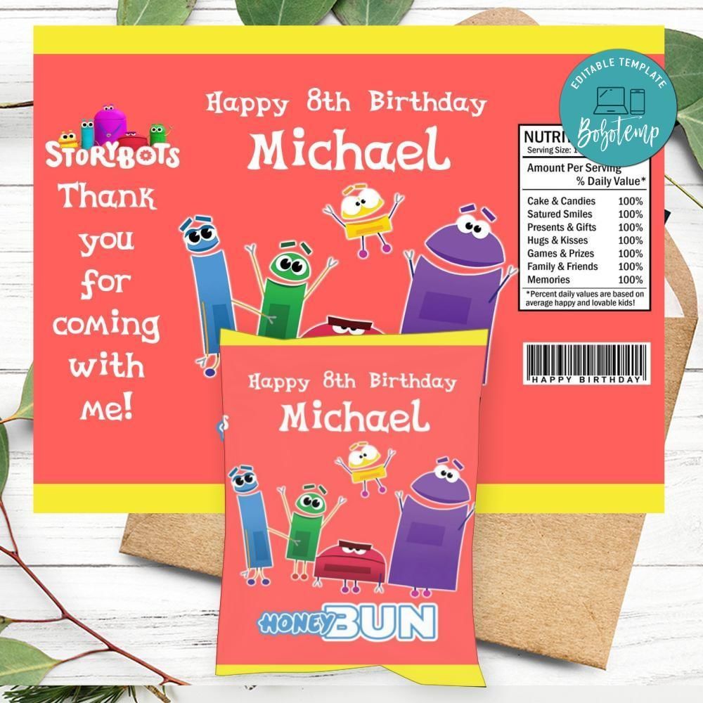 Storybots Birthday Honey Buns Snack Bag Label Customizable Instant Download