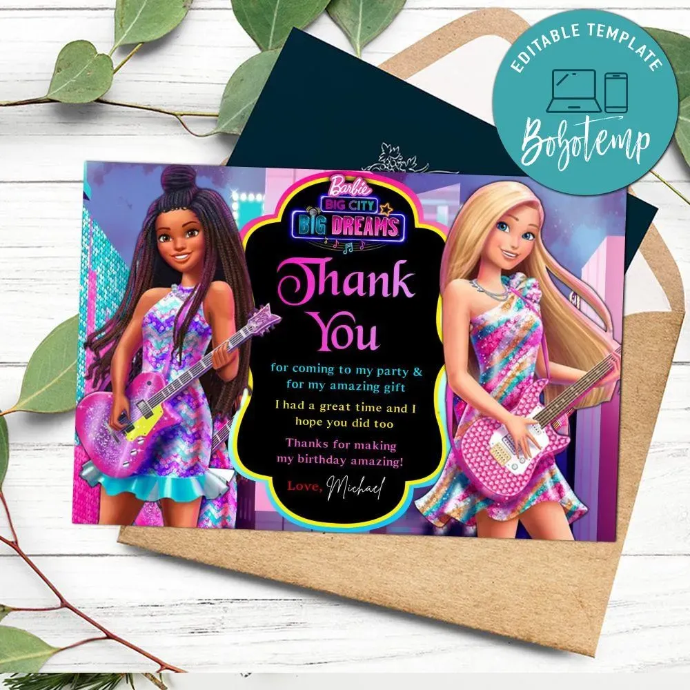 Barbie Big City Thank You Card Customizable Template DIY | Bobotemp