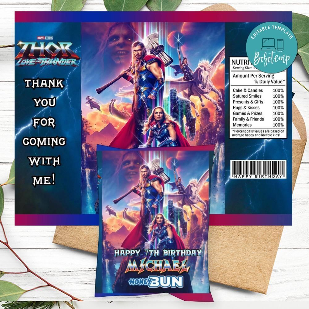 Thor Love And Thunder Birthday Honey Buns Snack Bag Label Customizable Instant Download