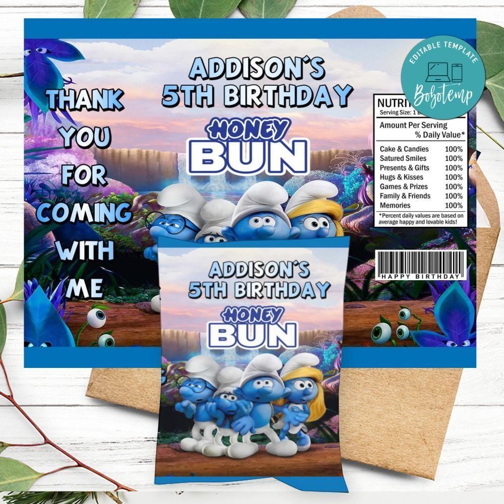 Smurf Birthday Honey Buns Snack Bag Label Customizable Instant Download