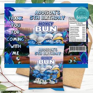 Smurf Birthday Honey Buns Snack Bag Label Customizable Instant Download