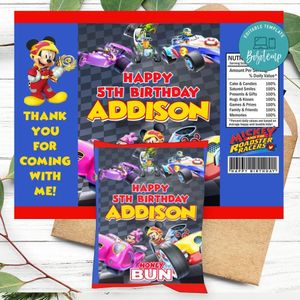 Mickey Roadster Racers Birthday Honey Buns Snack Bag Label Customizable Instant Download