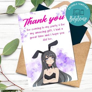 Bunny Girl Thank You Card Customizable Template To Print At Home Instant Download