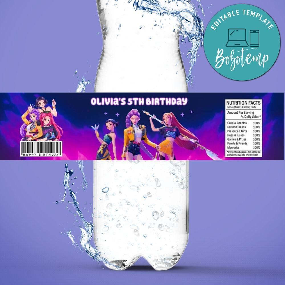 Kpop demon hunter Birthday Water Bottle Label Template to Print at Home Instant Download