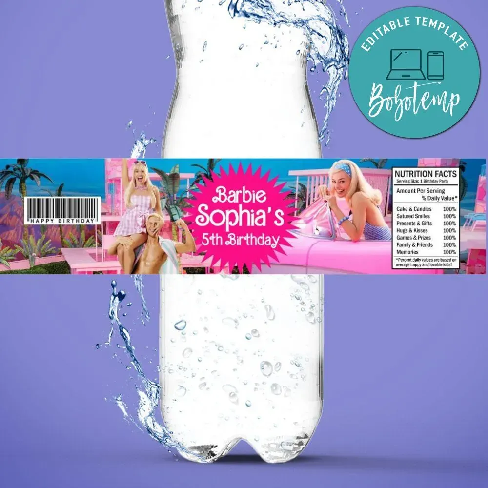 Barbie Movie Birthday Water Bottle Label Template | Bobotemp