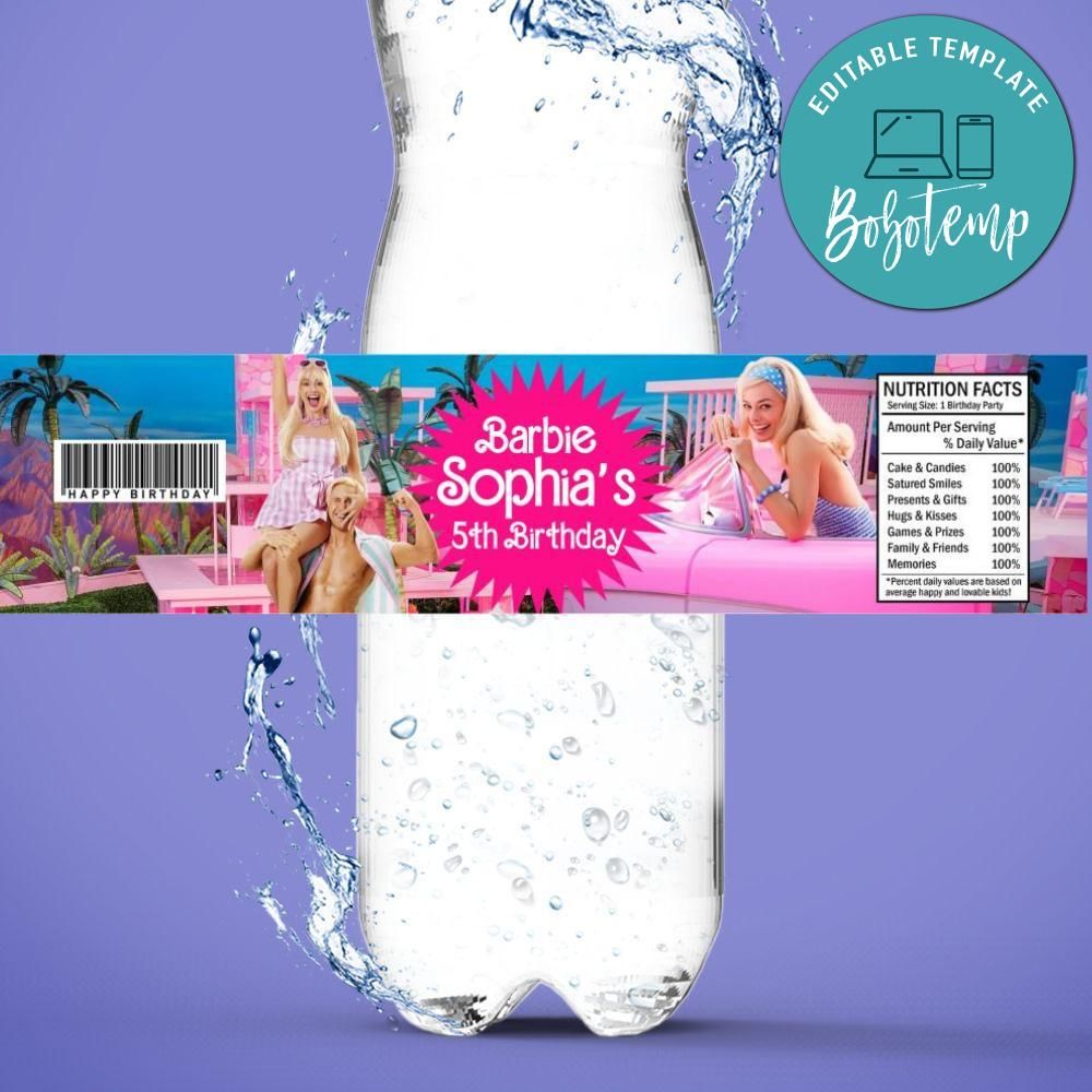 Barbie Movie Birthday Water Bottle Label Template | Bobotemp