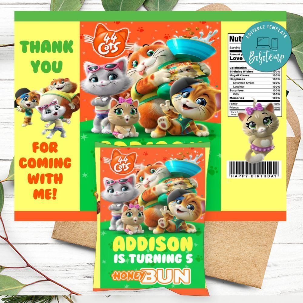 44 Cats Birthday Honey Buns Snack Bag Label Customizable Instant Download