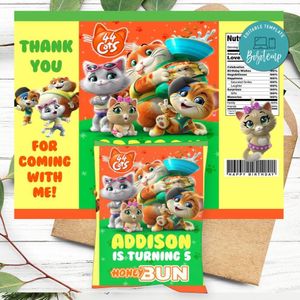 44 Cats Birthday Honey Buns Snack Bag Label Customizable Instant Download