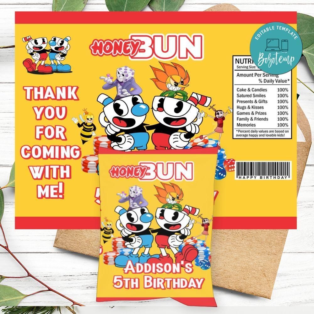 Cuphead Birthday Honey Buns Snack Bag Label Customizable Instant Download
