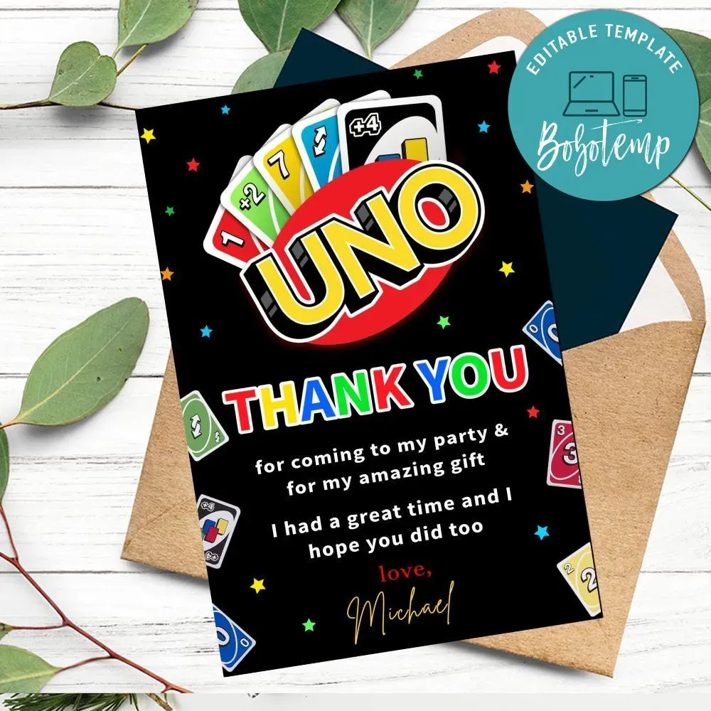 Uno Thank you card Customizable Template DIY Bobotemp