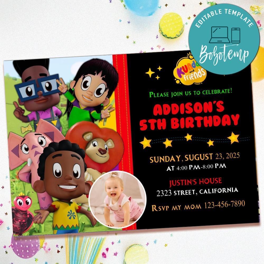 Kunda and friends Birthday Invitation with Photo Customizable Template to Print at Home Instant Download