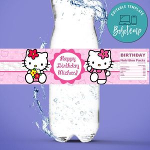 Hello Kitty Birthday Water Bottle Label Template to Print at Home Instant Download