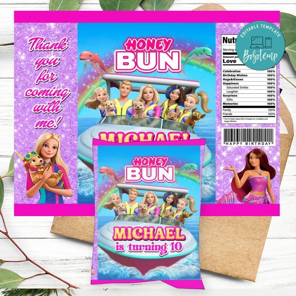 Barbie Dolphin Magic Birthday Honey Buns Snack Bag Label Customizable Instant Download