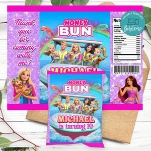 Barbie Dolphin Magic Birthday Honey Buns Snack Bag Label Customizable Instant Download