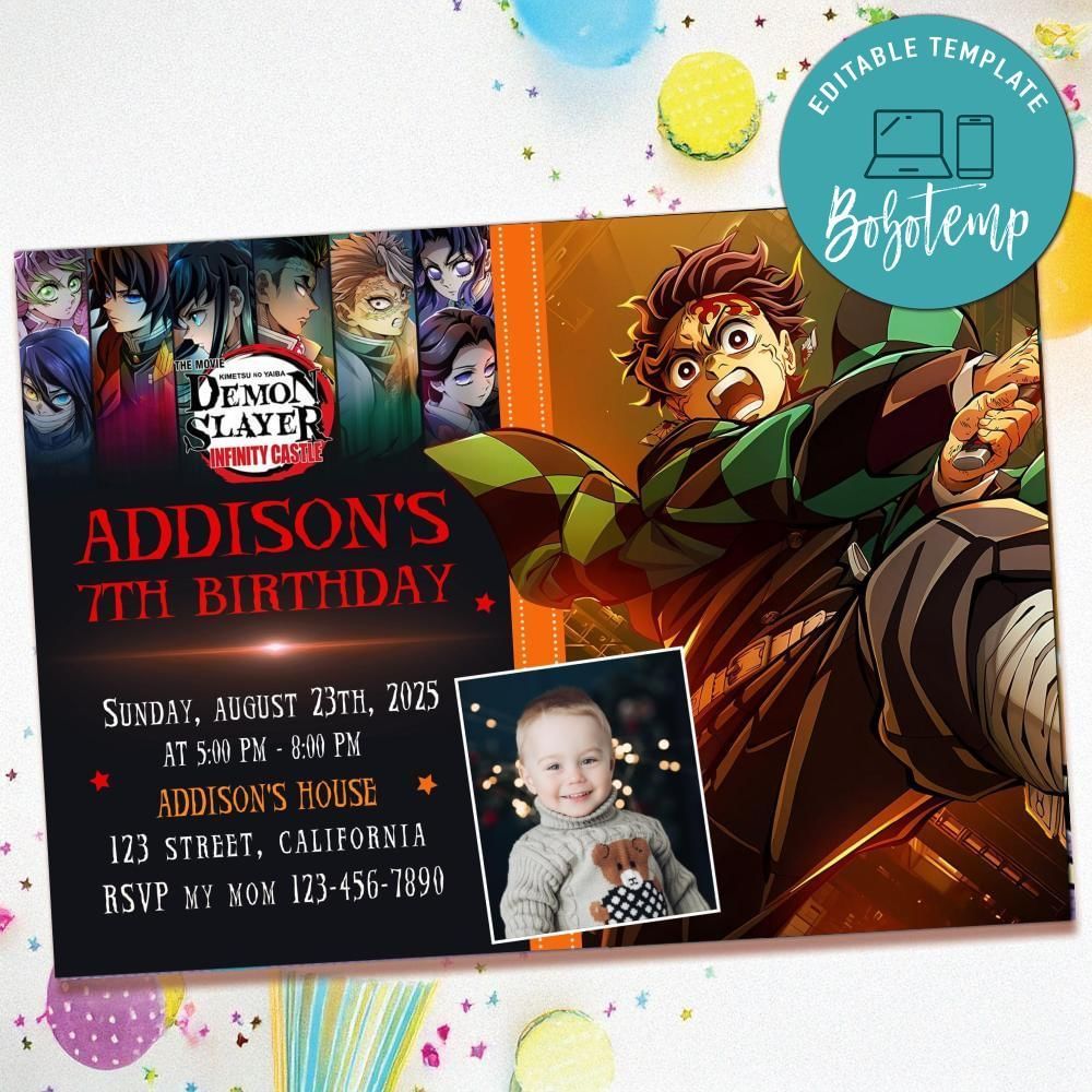 Demon Slayer Infinity Castle Birthday Invitation with Photo Customizable Template to Print at Home Instant Download