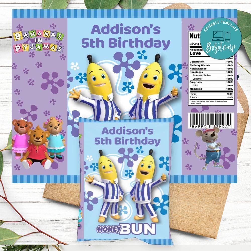 Bananas In Pyjamas Birthday Honey Buns Snack Bag Label Customizable Instant Download