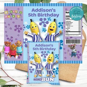 Bananas In Pyjamas Birthday Honey Buns Snack Bag Label Customizable Instant Download
