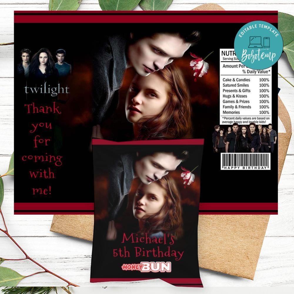 Twilight Birthday Honey Buns Snack Bag Label Customizable Instant Download