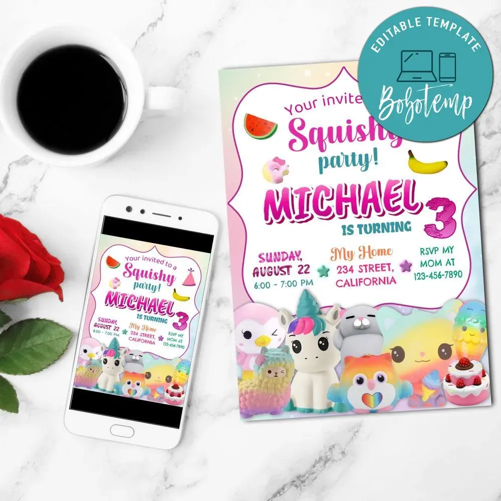 Squishy party Invitation Customizable Template DIY | Bobotemp