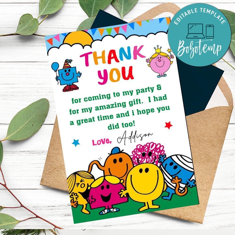 Little Miss Mr. Men Thank You Card Customizable Template To Print At Home Instant Download