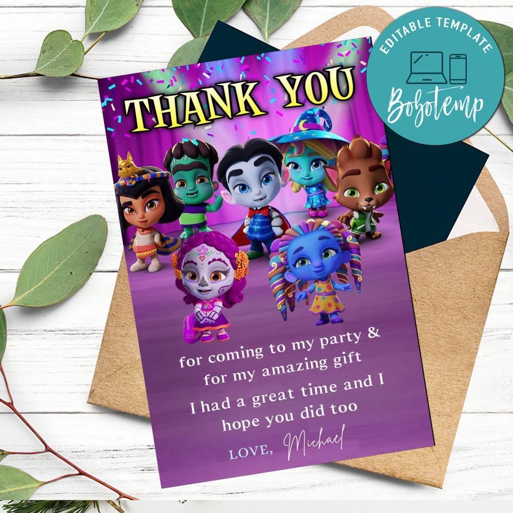 Super Monster Thank you card Customizable Template DIY | Bobotemp