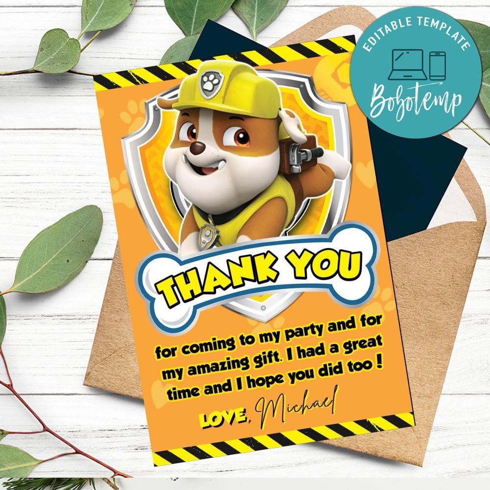 Rubble Paw Patrol Thank You Card Customizable Template DIY Bobotemp