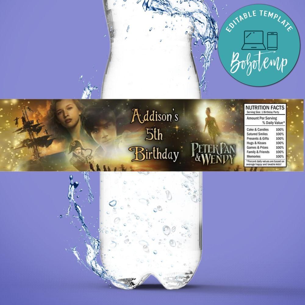 Peter Pan & Wendy Bottle Label Birthday Water Bottle Label Template to Print at Home Instant Download