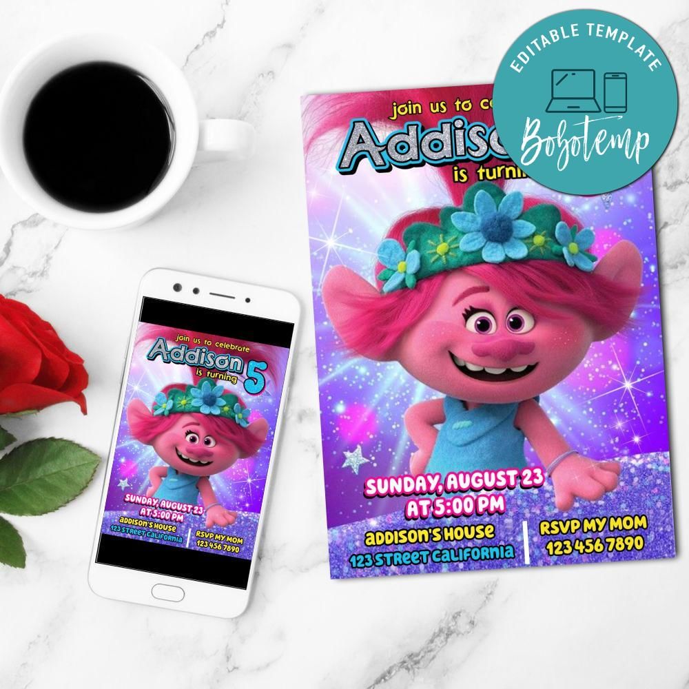 Poppy Trolls Invitation Customizable Template | Bobotemp