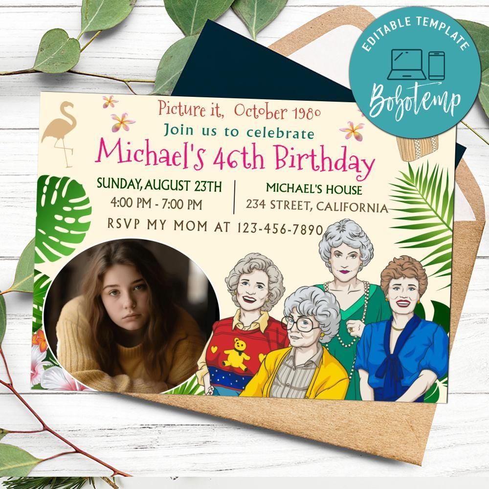 Golden girls Birthday Invitation with Photo Customizable Template to Print at Home Instant Download