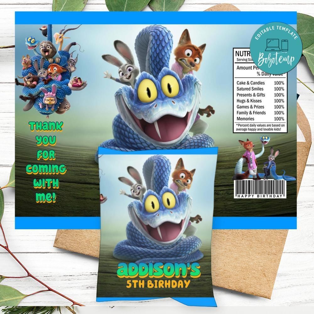 Zootopia 2 Birthday Chip Bag Label Customizable Instant Download