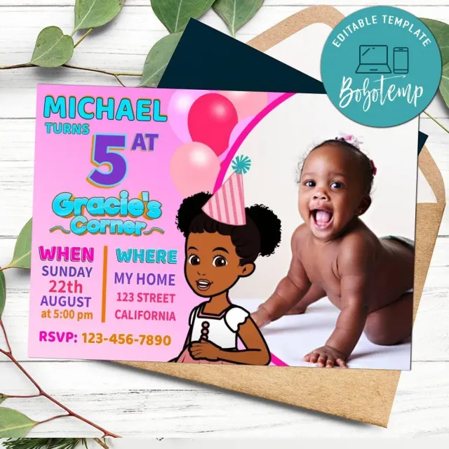 Gracie's corner Birthday Invitation With photo Customizable DIY | Bobotemp for Gracie S Corner Images Free Printable