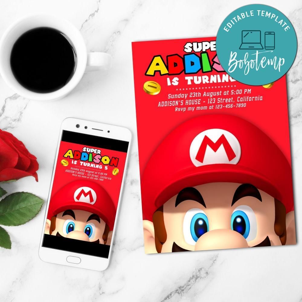 Mario Mobile Invite Customizable Template Instant Download