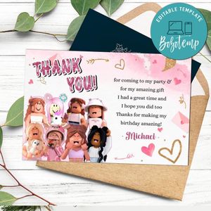 Girl Roblox Thank you card Customizable Template to Print at Home Instant Download