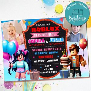Sibling roblox Birthday Invitation with Photo Customizable Template to Print at Home Instant Download