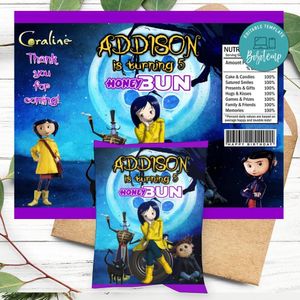 Coraline Birthday Honey Buns Snack Bag Label Customizable Instant Download
