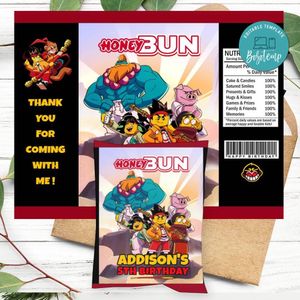 Monkie Kid Birthday Honey Buns Snack Bag Label Customizable Instant Download