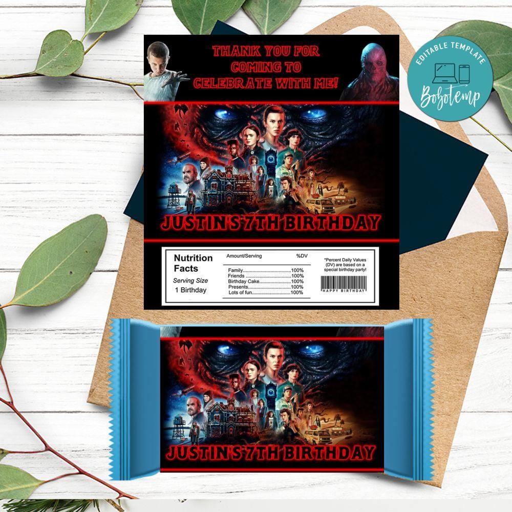 Stranger Thing 4 Label Candy Bar Label Customizable Template DIY | Bobotemp