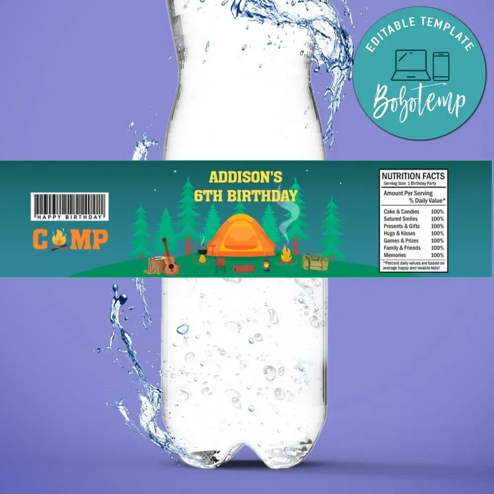 Camping Birthday Water Bottle Label Template | Bobotemp