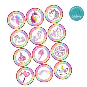 Unicorn Cupcake Toppers Template Printable Instant Download