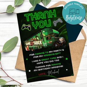 Gametruck Thank you card Customizable Template to Print at Home Instant Download