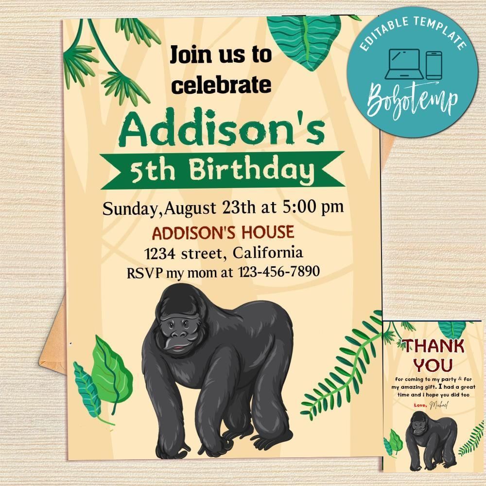 Gorilla Invitation Template Free Thank You Card Printable