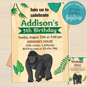 Gorilla Invitation Template Free Thank You Card Printable