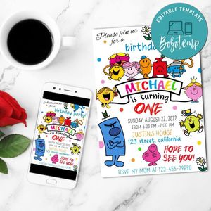 Mr Men Birthday Flyer Customizable Template to Print at Home Instant Download