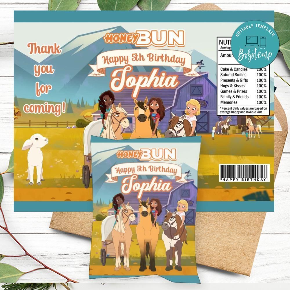 Spirit And Friends Birthday Honey Buns Snack Bag Label Customizable Instant Download