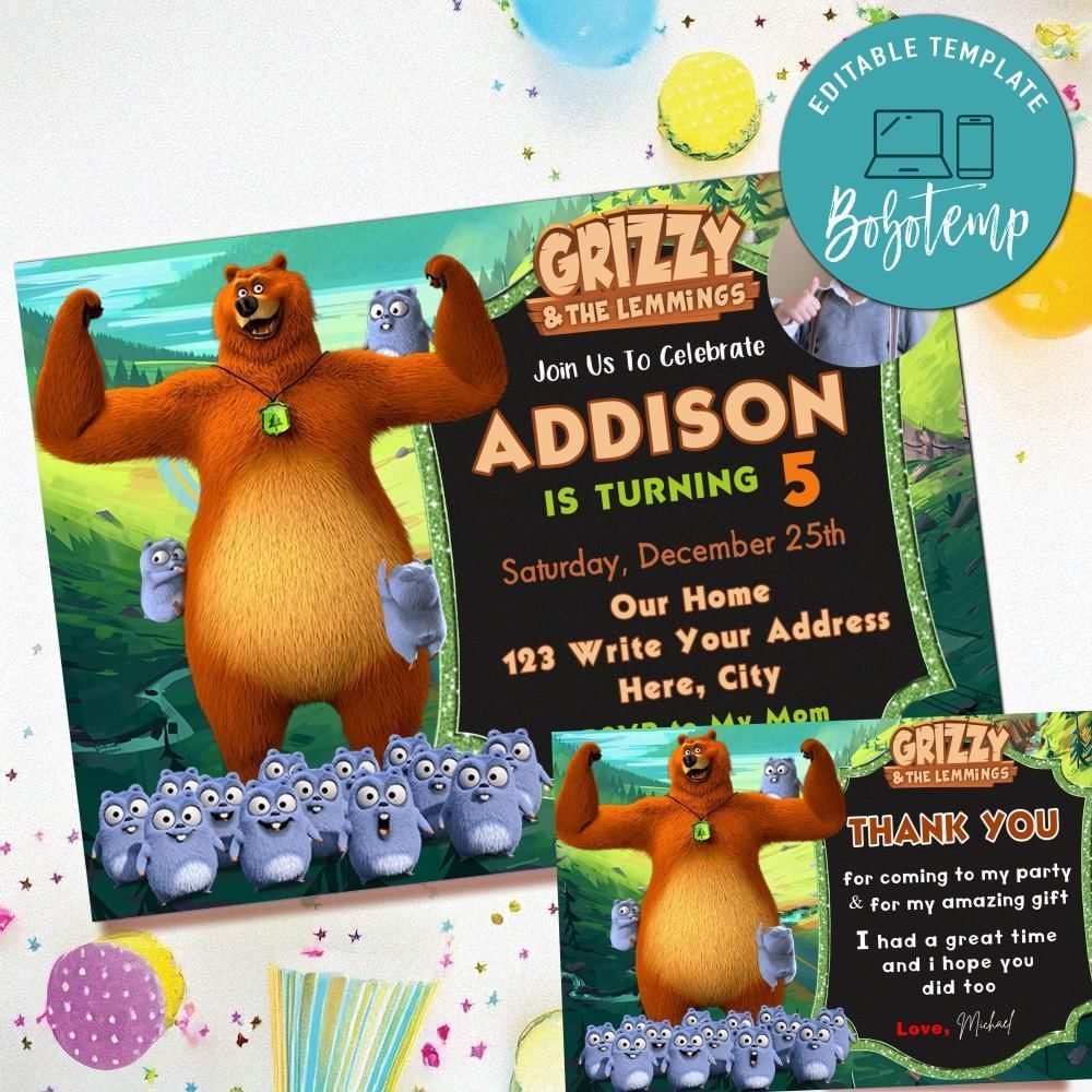 Grizzy And The Lemmings Invitation Template Free Thank You Card Printable