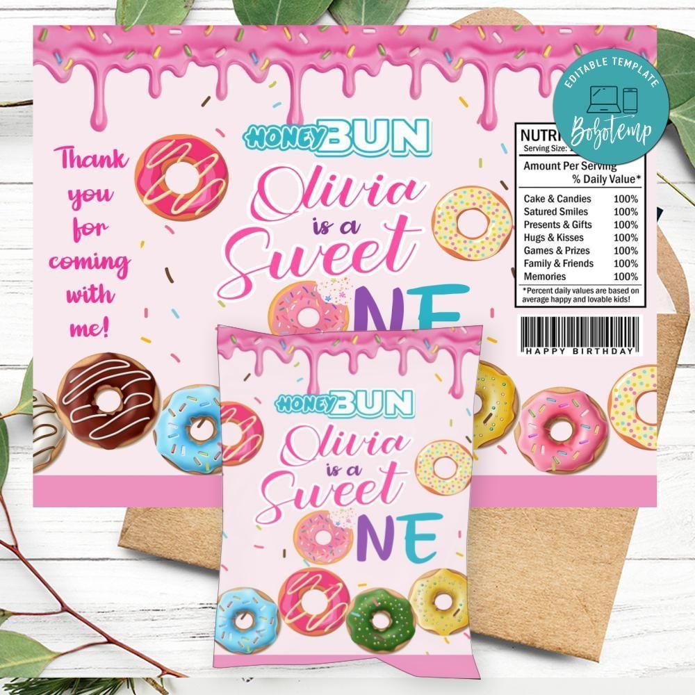 Sweet Doughnut Birthday Honey Buns Snack Bag Label Customizable Instant Download