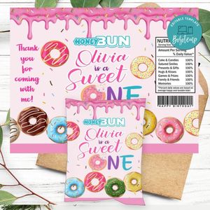 Sweet Doughnut Birthday Honey Buns Snack Bag Label Customizable Instant Download