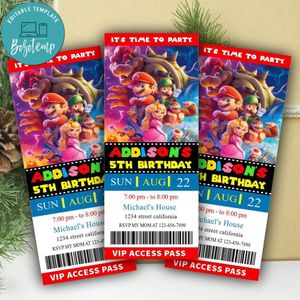 Super Mario Bros Ticket Invitation Customizable Template Instant Download