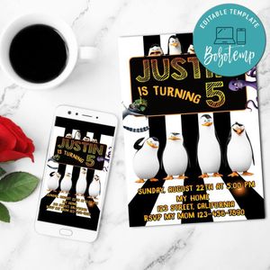 Penguins Of Madagascar Birthday Invitation Customizable Template to Print at Home Instant Download