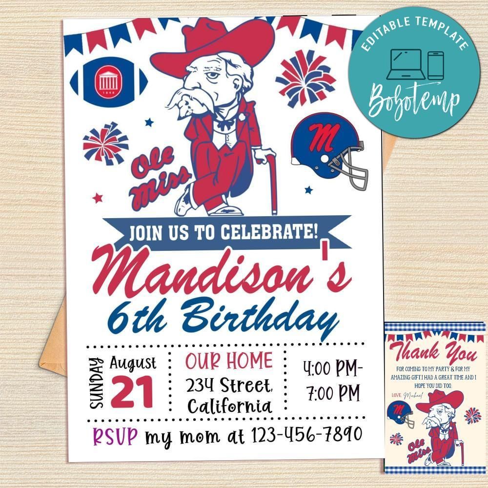 Ole Miss Invitation Template Free Thank You Card Printable